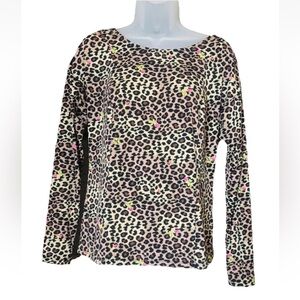 Betsey Johnson Womens Leopard Floral Print Mesh Shoulder Long Sleeve Top Size S